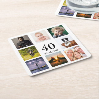 40th birthday party photo collage guy square paper coaster