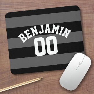 Black and Gray Silver Rugby Stripes Name Number Mouse Pad