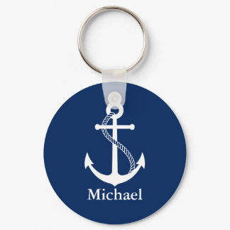 Custom Name Nautical Navy Blue with White Anchor Keychain