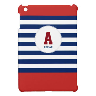 Custom Nautical Navy White Stripes Name Monogram Case For The iPad Mini
