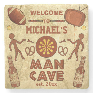 Funny Man Cave with Your Name Custom Stone Coaster