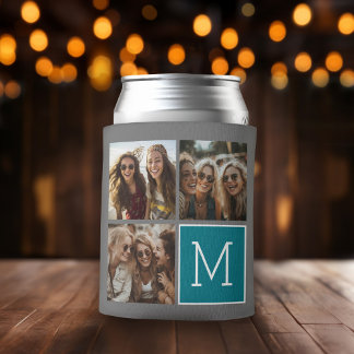 Gray and Teal Instagram Photo Collage Monogram Can Cooler