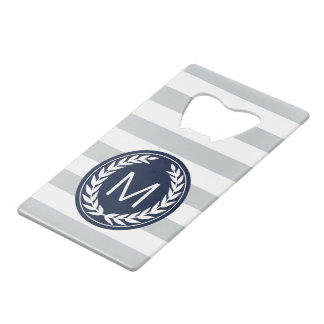 Gray & White Stripe with Laurel Wreath Monogram Credit Card Bottle Opener