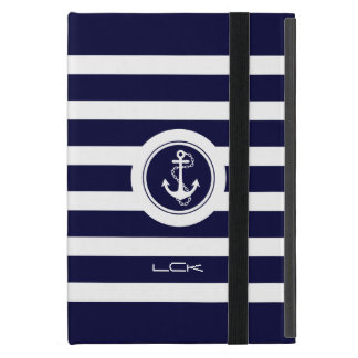 Modern Navy Blue & White Stripes Nautical Anchor Cover For iPad Mini