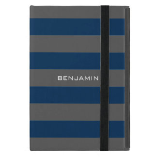 Navy Blue and Gray Rugby Stripes with Custom Name iPad Mini Case