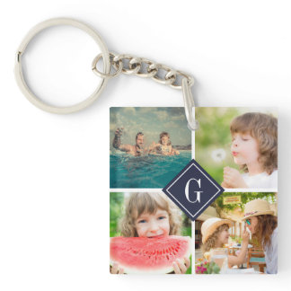 Navy Monogram Photo Collage Double-Sided Keychain